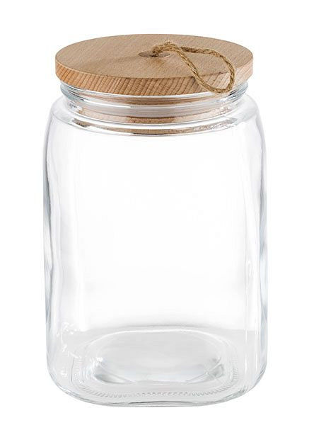 APS voorraadpot -WOODY-, 14 x 14 cm, hoogte: 21,5 cm, glas, grenenhout, siliconen, 2,5 liter, inclusief houten deksel, 82257
