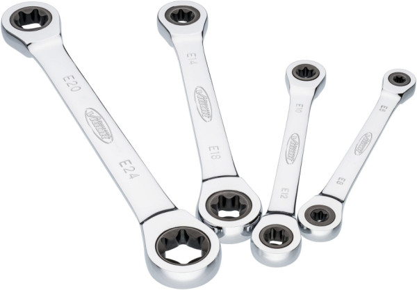 VIGOR dubbele ratelringsleutelset, E-profiel, E6 - E24, aantal gereedschappen: 4, V6611/4