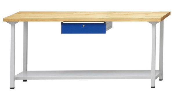 ANKE werktafel; 2000x800 mm; RAL 7035/5010; 1xHängeschublade; 1x legbord van plaatstaal, 600 mm diep