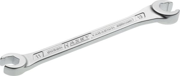 Hazet dubbele ringsleutel, open, buitenzeskantprofiel, 11 x 13 mm, voor buisfittingen, kop 15° gebogen, 612-11X13