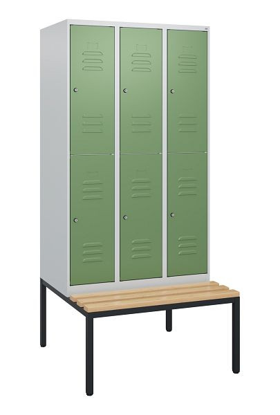 C+P dubbeldekskast Classic PLUS, 3 vakken, 1950x900x815mm, 7035/6011, cilindersloten, beukenhouten zitlat, bank, 0803505-30 S10036