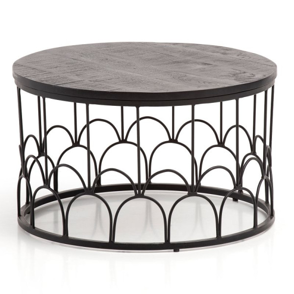 Wohnling salontafel 60x60x36 cm mango massief hout / metaal zwart salontafel rond, design woonkamertafel industrieel, met metalen frame, WL6.800