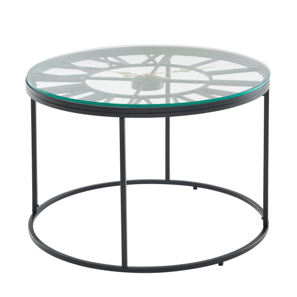 Wohnling salontafel glas metaal 60x60x43 cm salontafel zwart met decoratieve klok, design woonkamertafel rond, kleine moderne salontafel, WL6.688