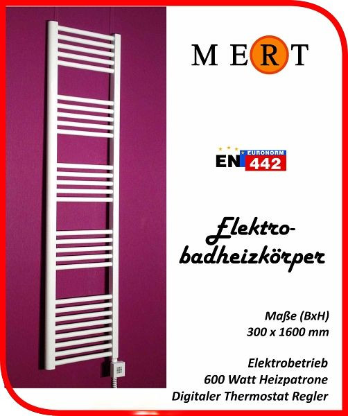 MERT elektrische badkamerradiator wit, recht, 300 x 1600 mm, gevuld, E1-30x160-B