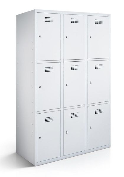 KEMMLIT lockerkast met 3 vakken en 9 deuren 30cm met gesloten bodem, lichtgrijs 7035, draaibare sluiting, 100578