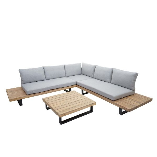 Mendler HWC-H54 tuinset, loungeset bankstel, gesponnen poly acaciahout, lichtgrijze kussens, 73640+73641