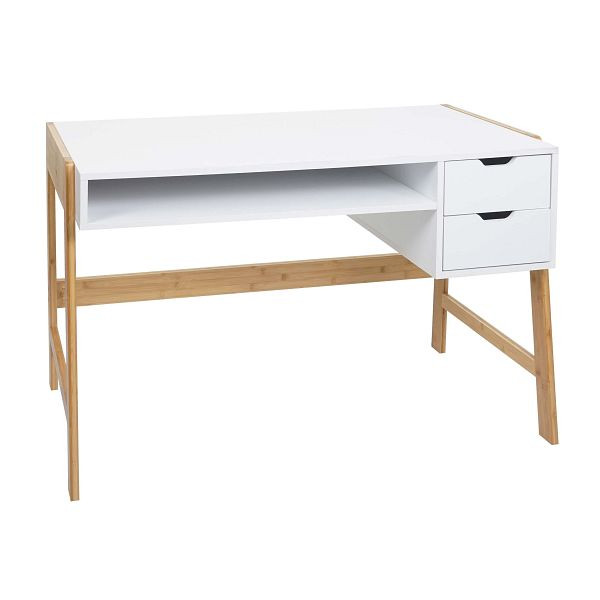 Mendler bureau HWC-K12, bureautafel, computerbureau, werktafel, lade, bamboe 76x115x58cm, wit, 86671