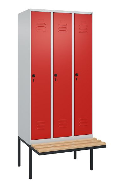 C+P Umkleidespind Classic PLUS, 3 Abteile, 2120x900x815mm, 7035/3020, Drehriegel, Buche-Sitzleisten, je 2 Doppel-Haken, 0800407-30F S10002