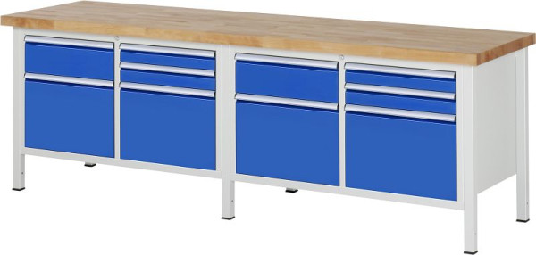 RAU werkbank serie 8000 - frameconstructie (gelast frame), 2 dubbele bodemcontainers (5x laden), 2500x840x700 mm, 03-8472A2-257B4S.11