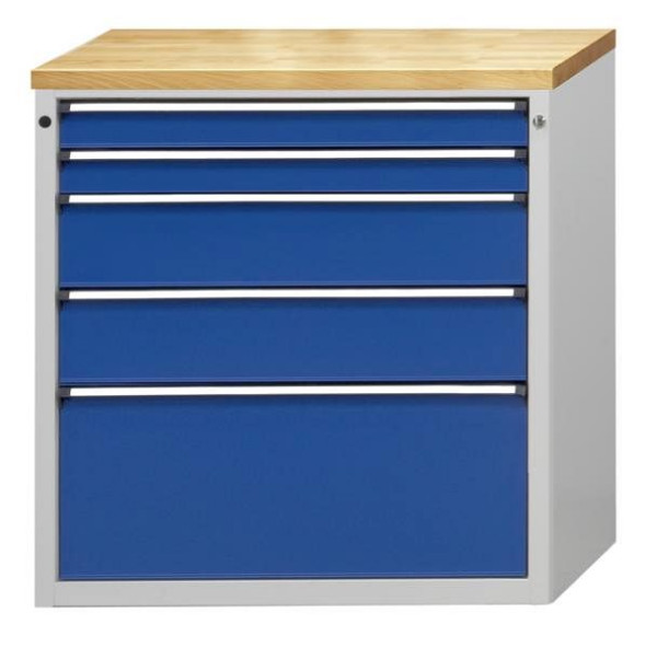 ANKE ladekast; 915 x 700 x 1020 mm; RAL 7035/5010; Massief beuken blad 40 mm; 5 laden 90, 90, 180, 180, 360 mm, 610.217
