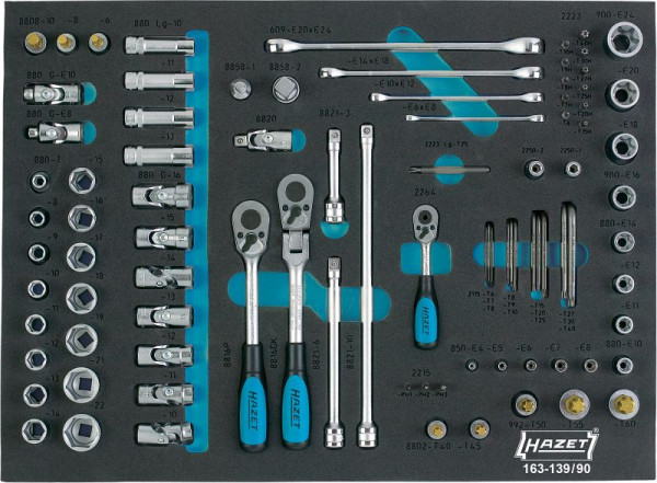 HAZET dopsleutelset, hol vierkant 12,5 mm (1/2 inch), hol vierkant 10 mm (3/8 inch), aantal gereedschappen: 90, 163-139/90