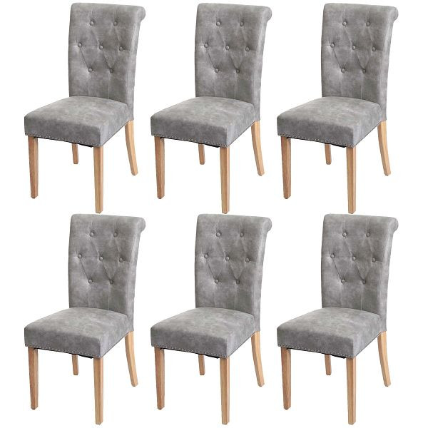 Mendler set van 6 eetkamerstoelen Chesterfield II, keukenstoel, klinknagels, stof/textiel lichtgrijs, lichte poten, 3x82879