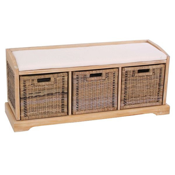 Mendler Bienne bank, opbergdoos, 3 manden, Kubu rotan geweven, 112x46x37cm, licht, 30810