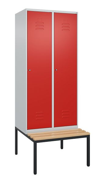 C+P luierkastje Classic PLUS met middenwand, bank, 2 vakken, 2120x800x815mm, 7035/3020, cilindersloten, beuken zitlat, 0800507-22F S10073