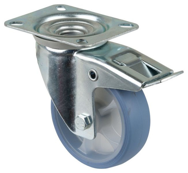 BS rollen transportwiel zwenkwiel met rem, thermoplastisch rubberen wiel, lichtblauwe band, rollager, plaat, 100 mm, VE = 4 stuks, L420.B44.101.05