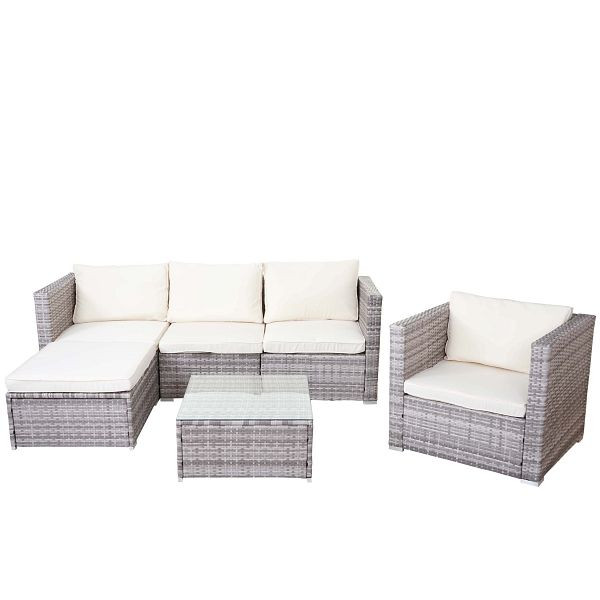 Mendler Brescia poly rotan set, tuinset, bank loungeset, grijs, kussens creme, 52757+52758+52759