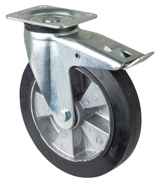BS Rolls Zwaarlastwiel met rem, breedte 50 mm, Ø250 mm, tot 550 kg, zwarte elastische banden, aluminium wiellichaam, kogellagers, L620.B80.250