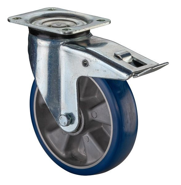 BS Rollen zwaarlastwiel zwenkwiel met rem, polyurethaan wiel 83 Shore, aluminium velg, kogellager, plaat, diameter: 200 mm, L620.B92.200