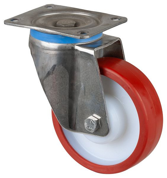 BS rollen RVS zwaarlastrol, breedte 45 mm, Ø150 mm, tot 600 kg, rood polyurethaan loopvlak, kunststof behuizing, RVS rollager, HS100.B28.150