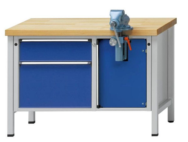 ANKE werkbank voor assemblage; onbeweeglijk; 1270x700mm; Plaat met gegalvaniseerd plaatstaal; Links 2 laden 180, 360 mm; Bankschroefcompartiment rechts