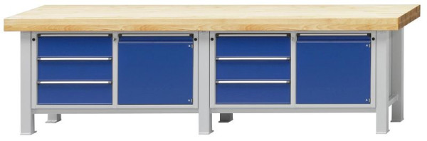ANKE zware werkbank; 3000x800 mm; RAL 7035/5010; Beuk massieve plaat; Links 3 laden 180 mm; Rechts 1 deur 540 mm