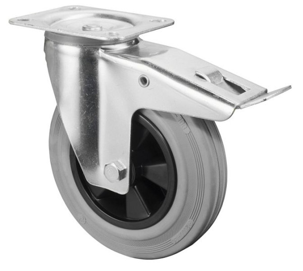 BS rollen transportrol met rem, breedte 50 mm, Ø200 mm, tot 205 kg, grijs rubberen loopvlak, kunststof wiellichaam, rollager, plaat, L420.B46.200