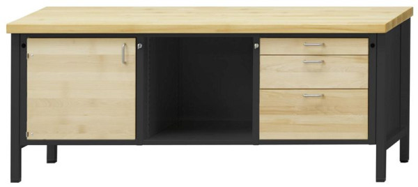 ANKE kastwerkbank; 2000x700mm; Beuk massieve plaat; 1 deur links; Middenvak open; Rechts 3 laden 90, 180, 270 mm