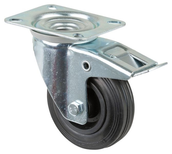 BS rollen transportrol met rem, breedte 30 mm, Ø100 mm, tot 70 kg, zwart rubber, rollager, plaat, VE 4 stuks, L420.B45.100