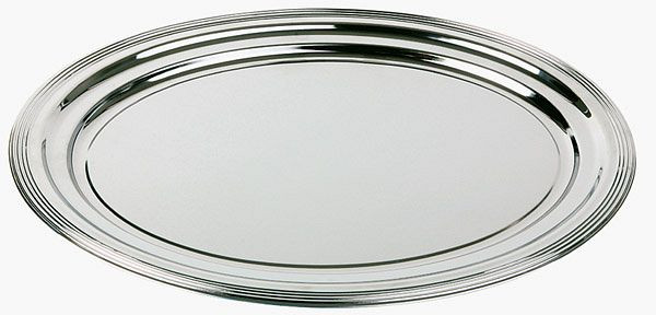 APS feestbord, ovaal -CLASSIC-, 46 x 34 cm, metaal, vernikkeld en glanzend verchroomd, met lijndecoratie, rolrand, VE 48, 00398
