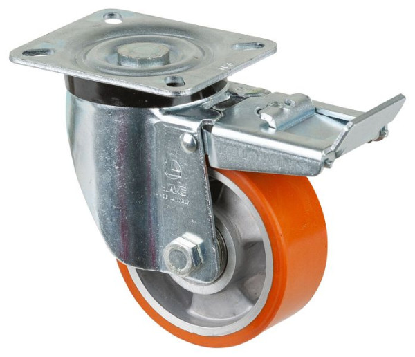 BS-wielen Zwaarlastwiel met rem, breedte 40 mm, Ø100 mm, tot 280 kg, polyurethaan gegoten 95 Shore A, aluminium behuizing, kogellager, N120.B90.102