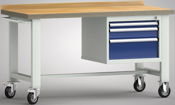 KLW mobiele standaard werkbank - 1500 x 700 x 840 mm L x B x H, met beuken multiplex paneel 1500 x 700 x 40 mm, WS812N-1500M40-E7021