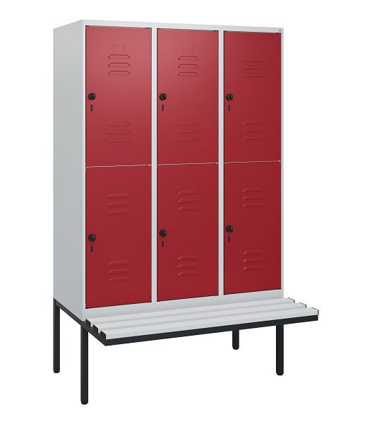 C+P Doppelstöckiger Spind Classic PLUS, 3 Abteile, 1950x1200x815mm, 7035/3003, Drehriegel, mit Untergestell und schwebender Sitzfläche, 0803405-32 S10061