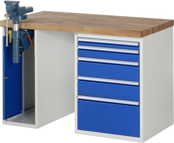 RAU werkbank serie 7000 - modulair ontwerp, 5 x laden, 1 x bankschroefkast, 1250x840x700 mm, 03-7511A2-127B4S.11