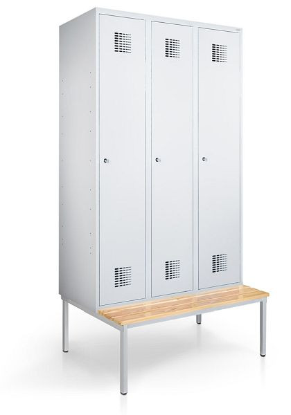 KEMMLIT lockerkast met 3 vakken 40cm met bank, lichtgrijs 7035, draaibare sluiting, 100086