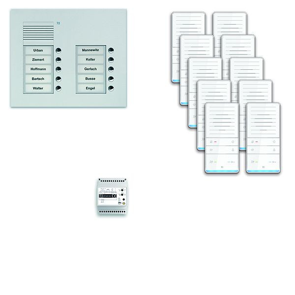 TCS deurbedieningssysteem audio: pak UP voor 10 wooneenheden, met buitenstation PUK 10 belknoppen 2-koloms, 10x handsfree luidspreker ISW5031, bediening, PAUF102 / 001