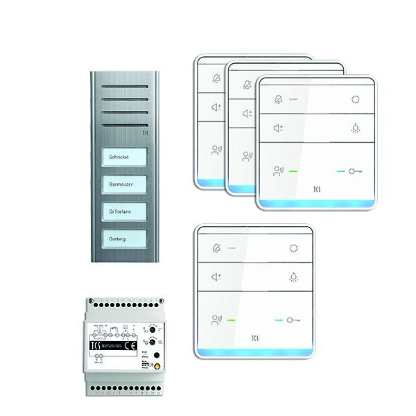 TCS deurbediening audio: pack AP voor 4 wooneenheden, met buitenpost ASX 4 belknoppen, 4x handsfree luidspreker ISW5010, bedieningseenheid BVS20, PSX2340-0000