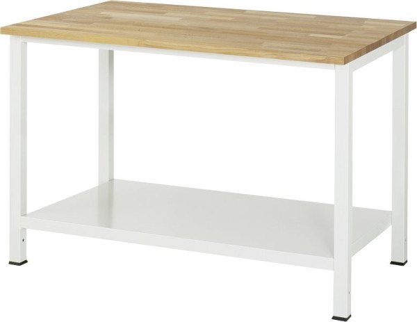 RAU werktafel serie 900, B1250 x D800 x H825 mm, massief beukenhouten blad, dikte 25 mm, met plank onder, diepte 650 mm, 03-900-6-B25-12.12