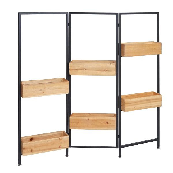 Mendler kamerscherm met plantenbak HWC-L32, bloembak kamerscherm, hout-staal 116x118cm, zwart frame, natuurlijke kleur, 98477