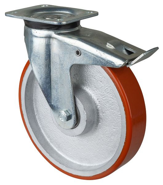 BS-wielen Zwaarlastwiel met rem, breedte 50 mm, Ø250 mm, tot 1200 kg, loopvlak polyurethaan gegoten 95 Shore A, gegoten, kogellager, L620.C10.250