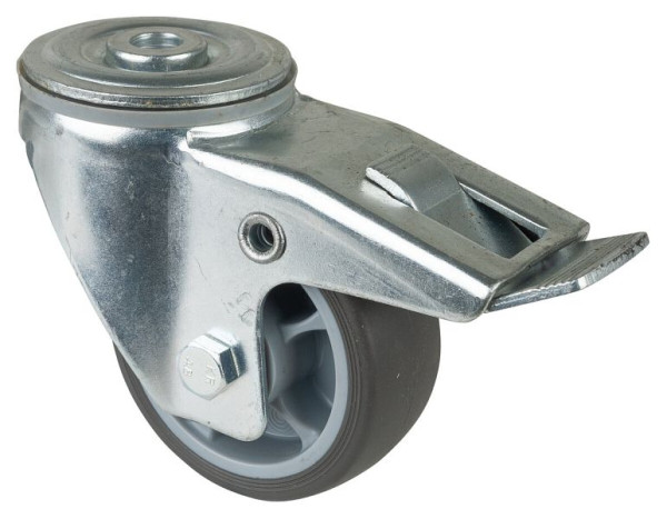 BS rollen transportrol zwenkwiel met rem, thermoplastisch rubber wiel grijs, rollager, achtergat, diameter: 80 mm, VE 4 stuks, L121.B44.081