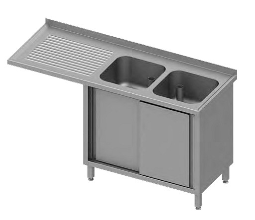 Stalgast spoelbakkast met schuifdeuren en overstek 1800x600x900 mm, met twee spoelbakken rechts, met opstand, gelast, VSK18627RA