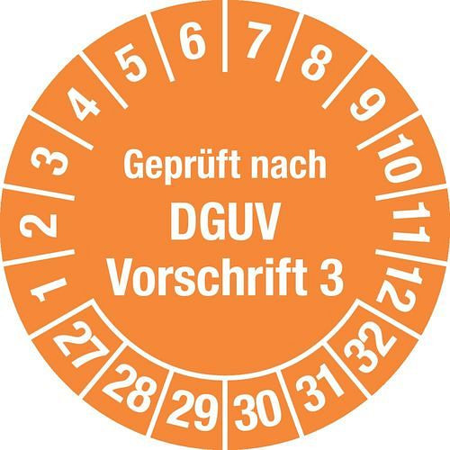DENIOS teststicker "Getest volgens DGUV", 27 - 32, oranje, folie, SK, 30 mm, verpakking: 5 vellen à 15 stuks, 290168