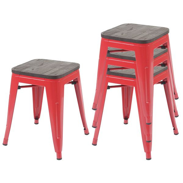 Mendler set van 4 krukken HWC-A73 incl. houten zitting, metalen kruk kruk, metalen industrieel design stapelbaar, rood, 70774