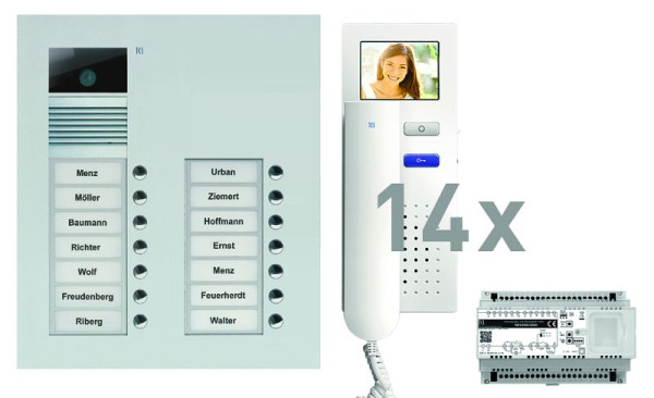 TCS deurbediening video: pak UP voor 14 wooneenheden, met voordeurstation AVU 14 belknoppen, 14x video deurtelefoon IVH3222, bediening, PVU16140-0010
