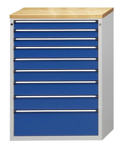 ANKE ladekast; 915x700x1320 mm; RAL 7035/5010; Massief beuken blad 40 mm; 9 laden 90, 90, 90, 120, 120, 120, 150, 150, 270 mm, 610.311