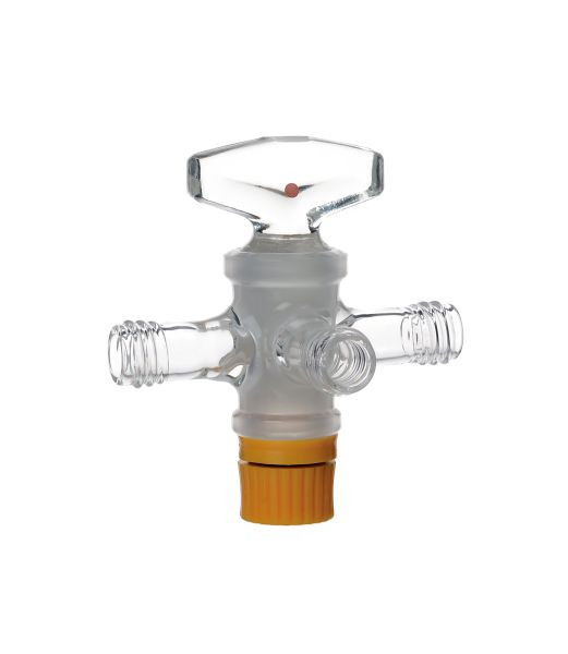 Rettberg driewegkraan, met massief glazen stop NS 18,8/4 mm, aansluitingen schroefdraad GL 14, borosilicaatglas 3.3, 107000338