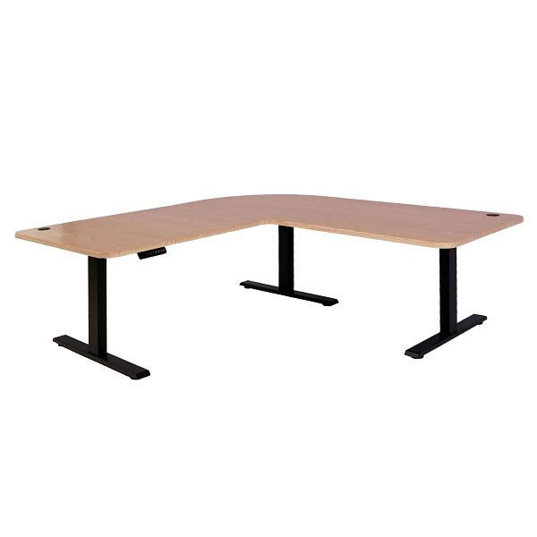 Mendler hoekbureau HWC-D40, computerbureau, elektrisch in hoogte verstelbaar 178x178cm 84kg, lichtbruin, zwart, 75756+62773