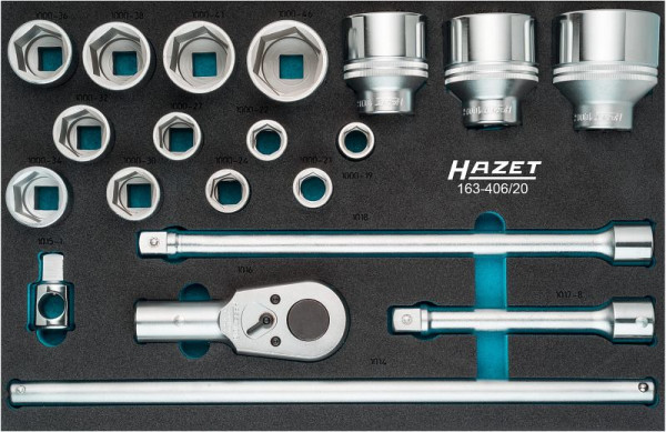 Hazet dopsleutelset, hol vierkant 20 mm (3/4 inch), buitenzeskantprofiel, aantal gereedschappen: 20, 163-406/20