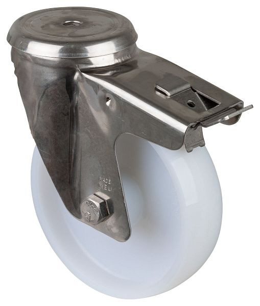 BS rollen RVS transportrol met rem, breedte 44 mm, Ø150 mm, tot 200 kg, loopvlak/wiellichaam kunststof, glijlager, H121.A90.150