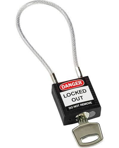 Brady compact veiligheidsslot, verschillend sleutelverdeling, met kabelbeugel 200 mm, zwart, 244335